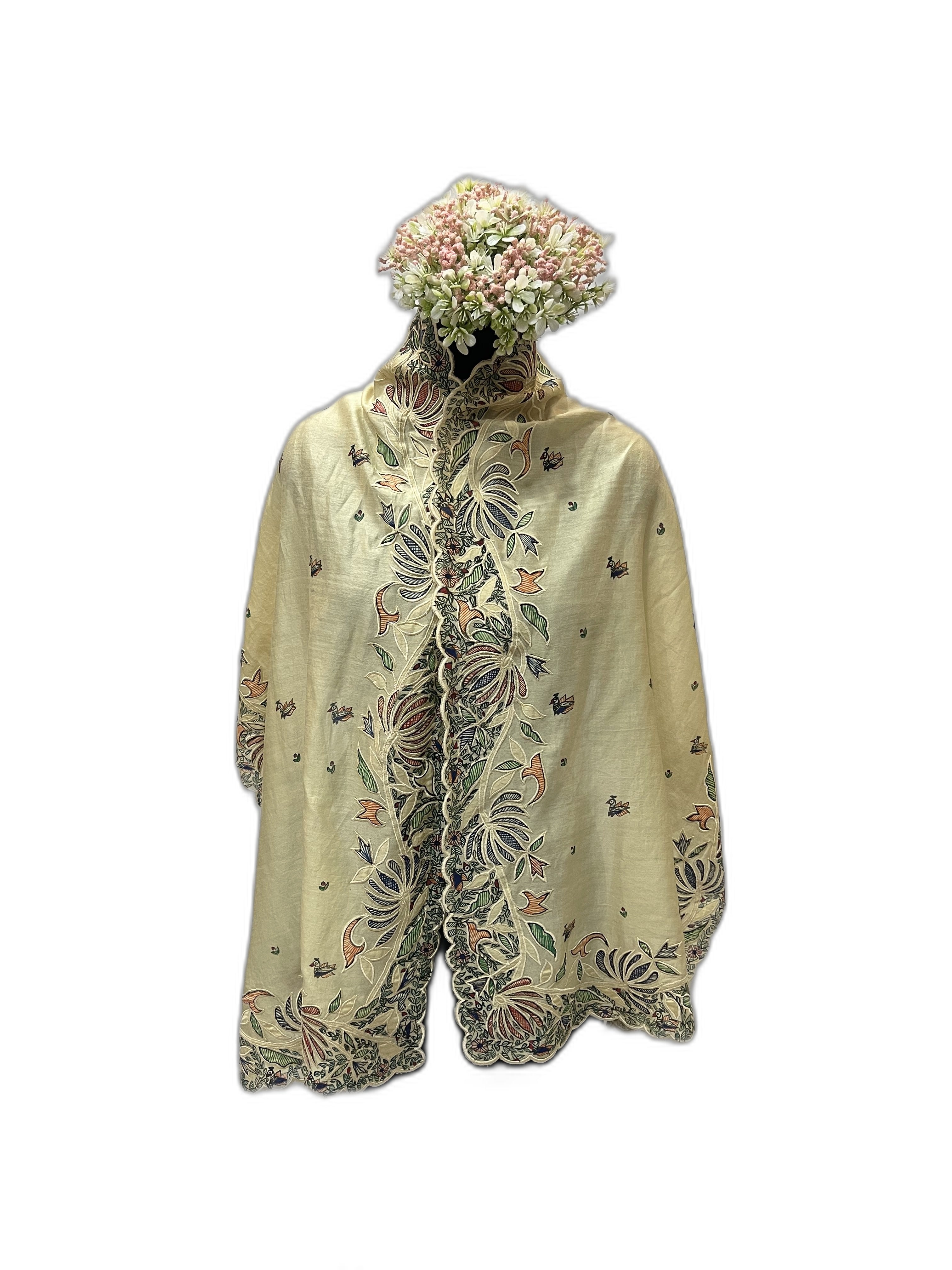 Chanderi Stole in pastel yellow with Scalloped Edges and Madhubani